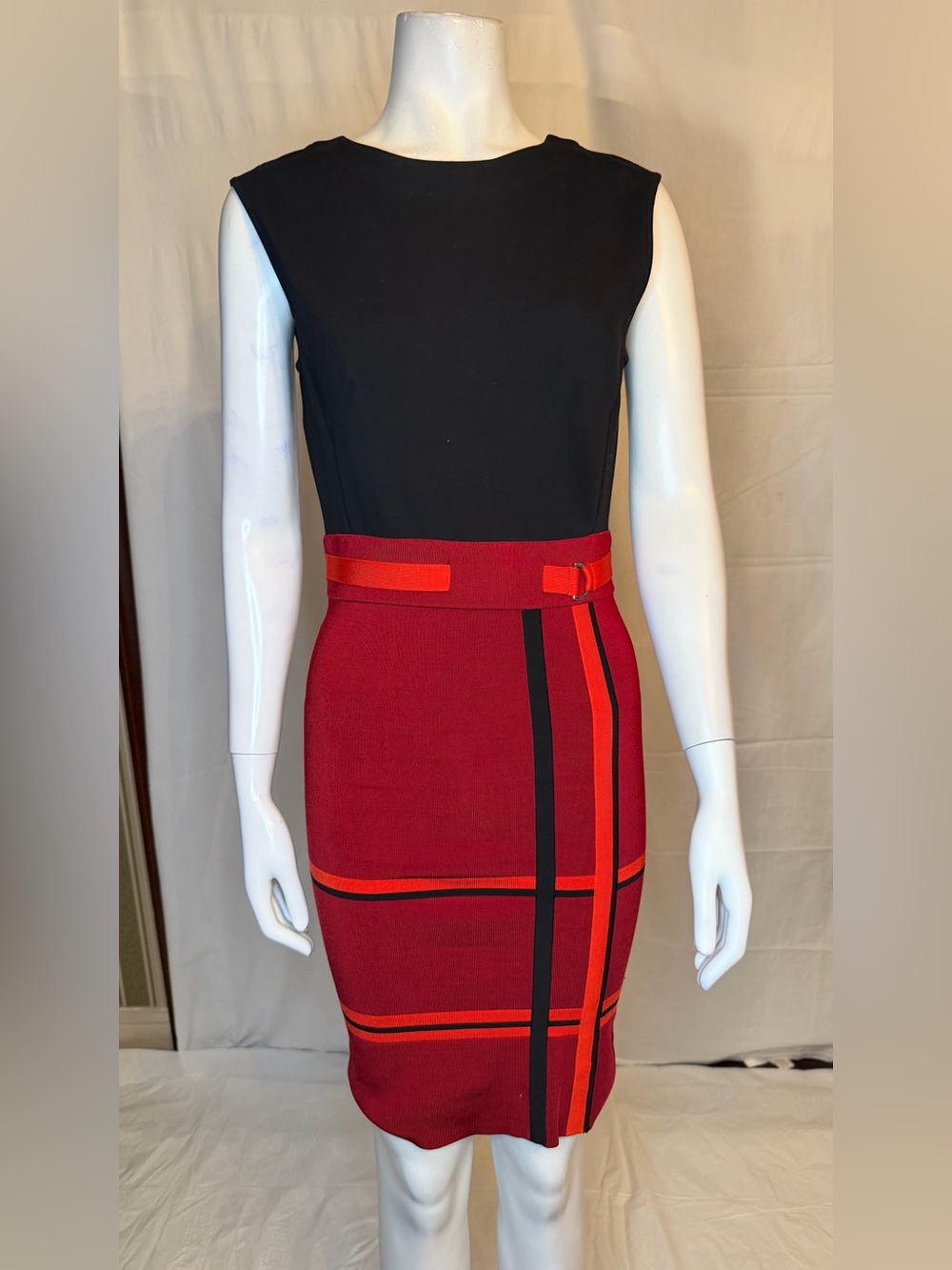 Karen Millen dress red with Black & Orange Stripe Detail
